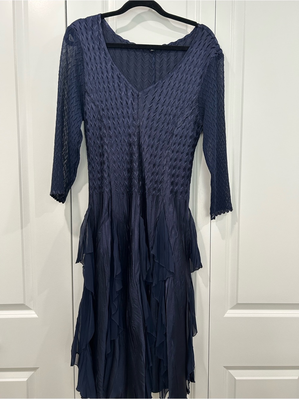 Komarov Navy Textured V-Neck Ruffle Midi Dress